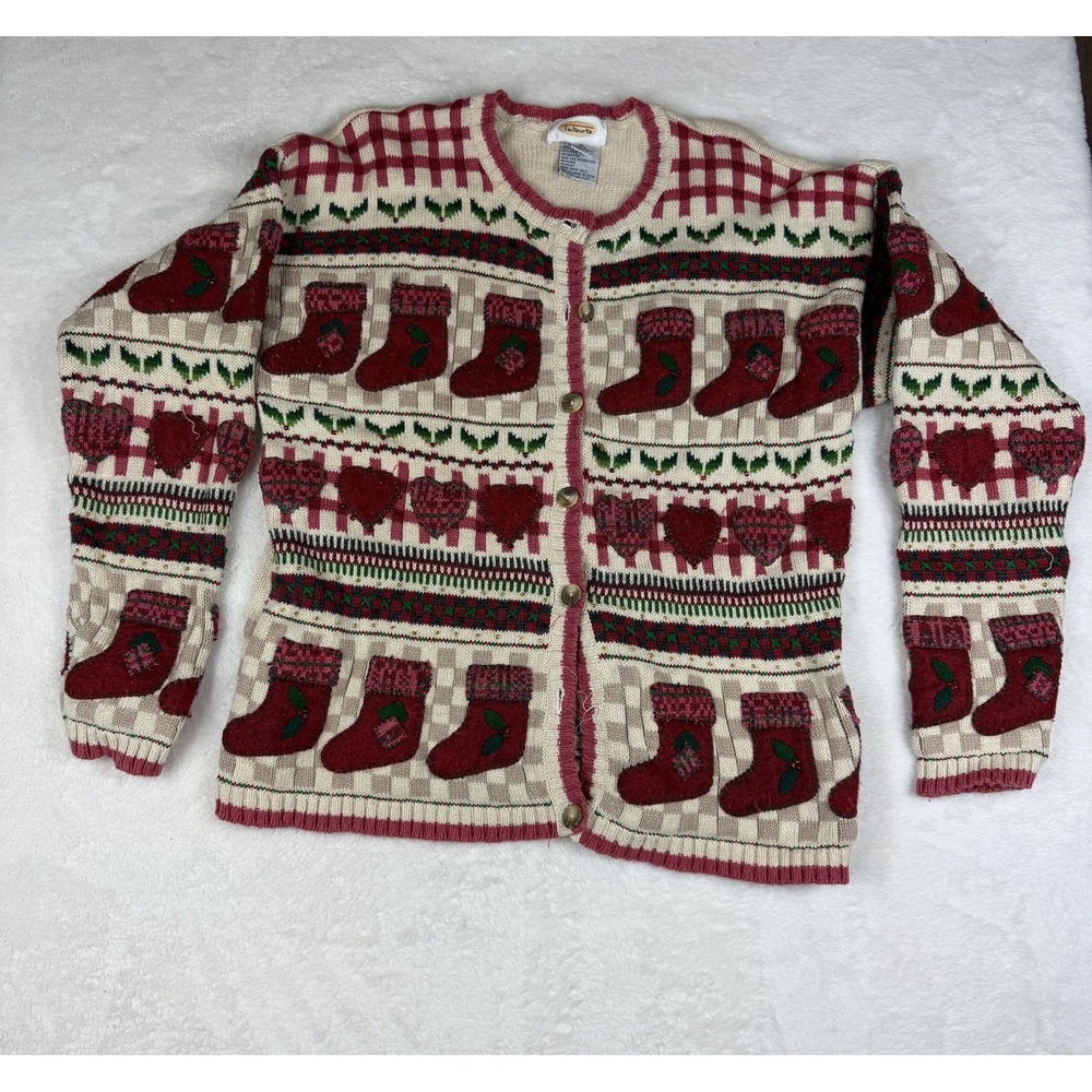 Talbots Womens Medium Christmas Stocking Beaded Knit Cardigan Cream Flawed